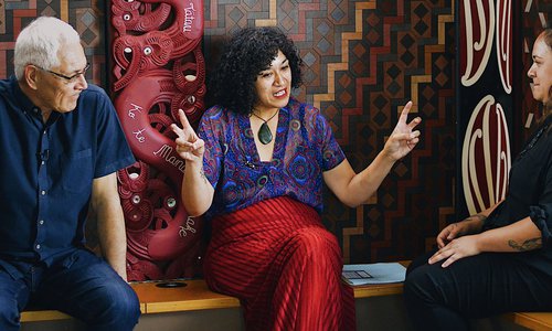 Ngā Tāonga Tuku Iho, Behind the scenes of episode five, with Dr David Tipene-Leach, Waitangi Teepa, and Khali Meari, 2021. Photo by and courtesy of Kahu Kutia (1).jpg